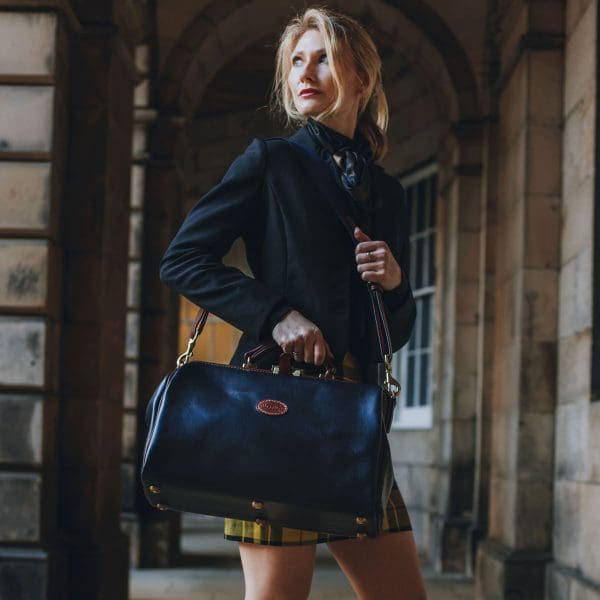 Travel leather Gladstone briefcase bag, British design in Italian soft hide matt navy colour.